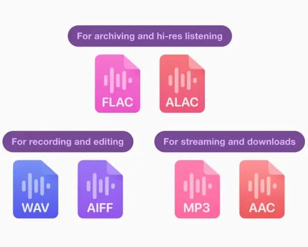 Ikony formatów audio: FLAC, ALAC (bezstratne formaty audio) do archiwizacji i słuchania hi-res; WAV, AIFF do nagrywania i edycji; MP3, AAC do streamingu i pobierania.
