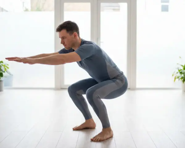 Un homme en tenue de sport exécute un squat dans une pièce lumineuse.