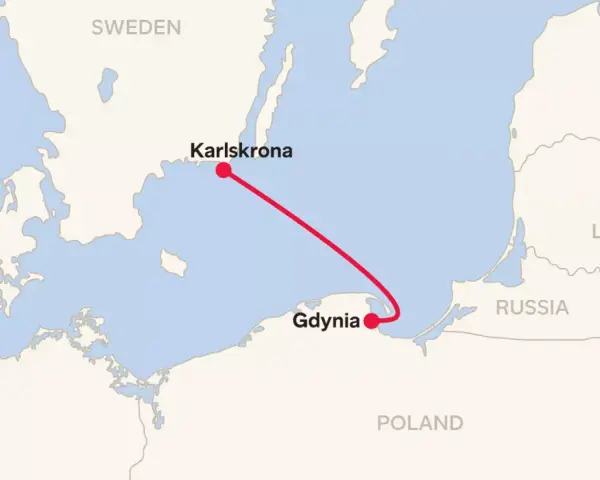 Trasa promowa Gdynia-Karlskrona. Mapa pokazuje połączenie między Polską a Szwecją.