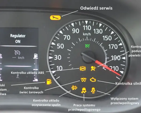 Na desce rozdzielczej świeci się kontrolka trakcji, obok kontrolki silnika i ABS.