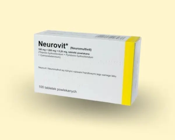 Opakowanie leku Neurovit, zawierające witaminy z grupy B, stosowane w leczeniu schorzeń układu nerwowego.