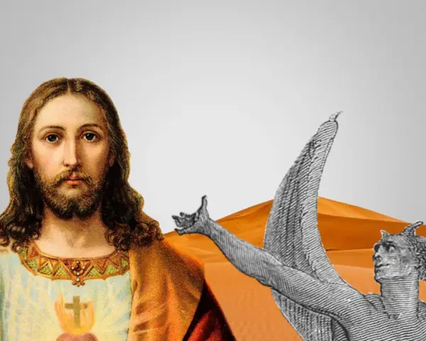 Jesus im Dialog mit dem Teufel in der Wüste. Die Frage "wann ist christliches Fasten" wird hier visuell thematisiert.
