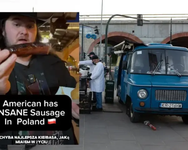 Amerykanin zachwycony kiełbaskami z Nyski, które uważa za najlepsze, jakie jadł. Obok niebieski food truck.