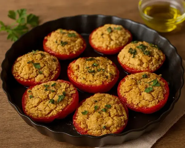 Pomodori al forno alla pugliese, ripieni e dorati, guarniti con prezzemolo fresco. Un sapore autentico.