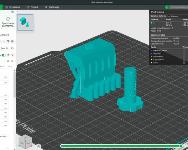 Projekt 3D online: model silnika i śruby gotowe do druku. Ustawienia jakości, struktury i prędkości widoczne w interfejsie.