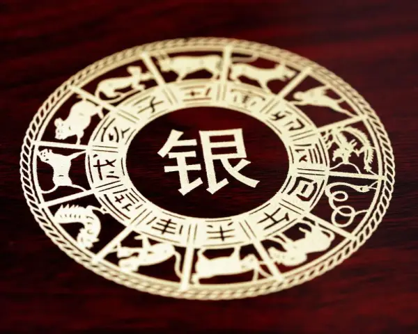 Ozdobny, wycinany okrąg z chińskimi znakami zodiaku, w tym symbolem roku kozy.
