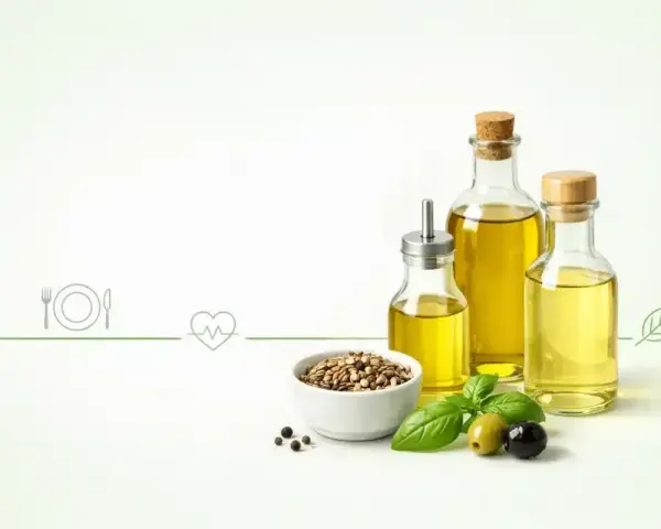 Butelki z olejem, miseczka z nasionami, oliwki i bazylia. Zastanawiasz się, jaki olej do smażenia wybrać?