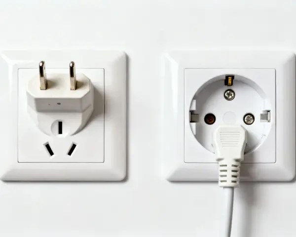 Två vita eluttag på en vit vägg. Ett med en adapter för amerikanska kontakter, det andra med en vit kabel instucken. Svenska eluttag är standard.