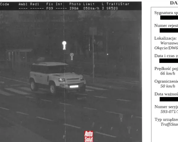 Zdjęcie z fotoradaru pokazuje białe auto jadące 66 km/h przy ograniczeniu do 50 km/h. Mandat z fotoradaru przyjdzie szybko.