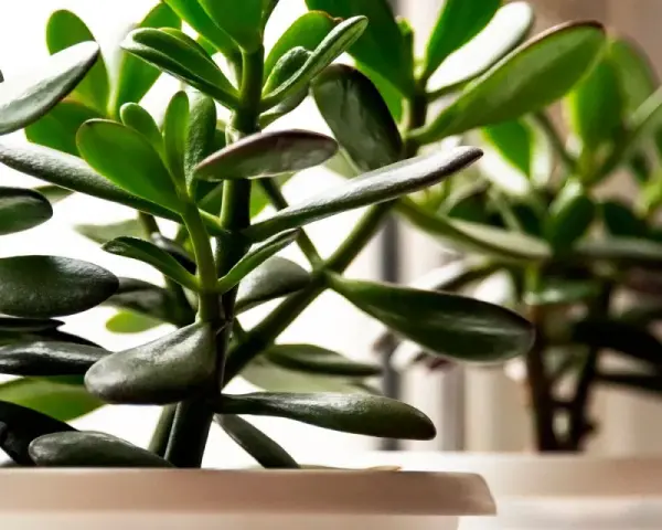Planta de jade interior o exterior con hojas verdes y carnosas, en macetas blancas, con luz suave de fondo.