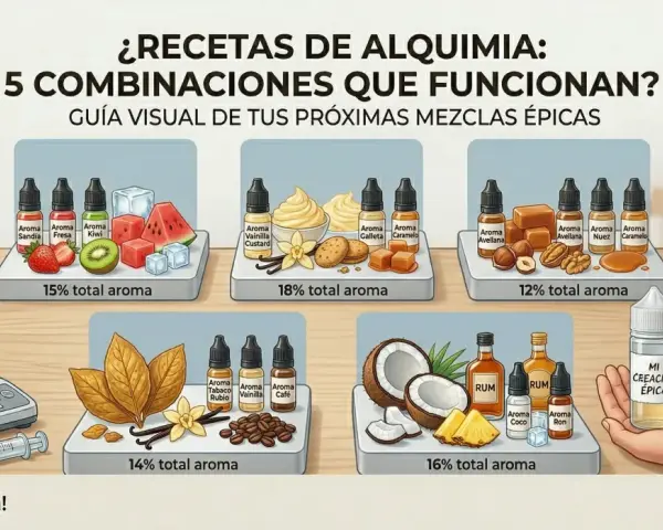 Guía visual de alquimia para vapers: 5 combinaciones de aromas para crear tus mezclas épicas. Incluye frutas, postres, tabaco, frutos secos y tropicales.
