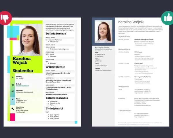 CV Karoliny Wójcik, studentki finansów, pokazuje, że czy CV może mieć 2 strony. Zawiera doświadczenie, wykształcenie i umiejętności.