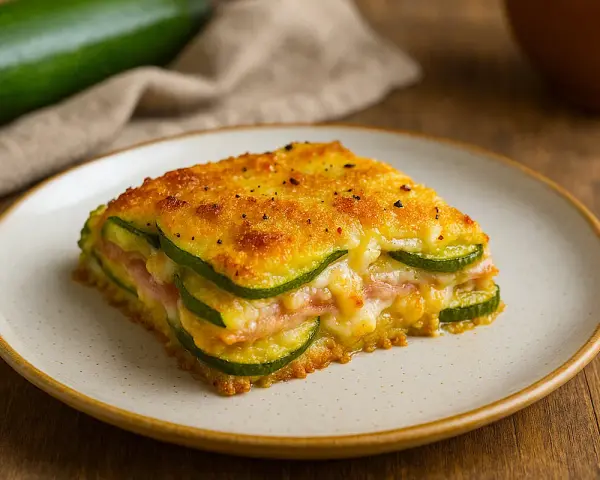 Una fetta di parmigiana di zucchine bianca alla napoletana, dorata e filante, con prosciutto e formaggio.