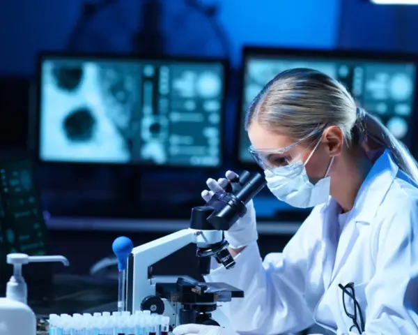 Kobieta w masce i okularach ochronnych pracuje przy mikroskopie w laboratorium.
