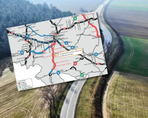 Mapa drogowa z zaznaczonymi trasami S8 Łagiewniki Zachód - Niemcza. Widoczne miasta: Wrocław, Opole, Wałbrzych, Legnica, Jelenia Góra. 908 rozkład jazdy.