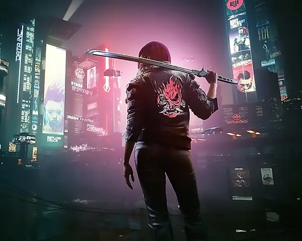 Una guerrera con una katana y una chaqueta con un demonio rojo, lista para la acción en una ciudad cyberpunk llena de luces de neón y carteles publicitarios.