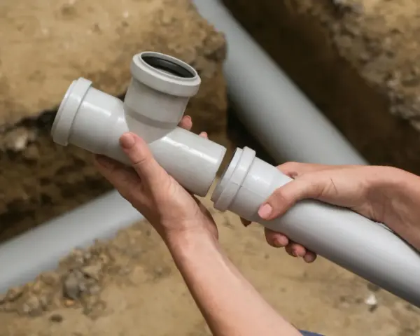 Ręce łączą elementy instalacji wodnej w domu. Montaż rur kanalizacyjnych w wykopie.