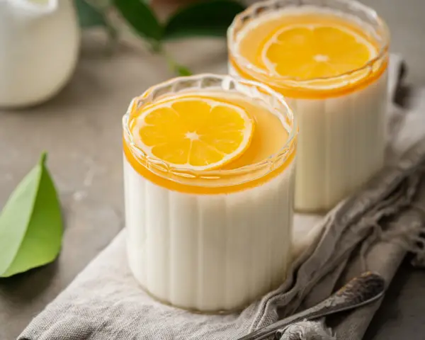 Panna Cotta przepis: dwa kremowe desery w szklankach, ozdobione plasterkiem pomarańczy i galaretką. Idealne na letnie popołudnie.