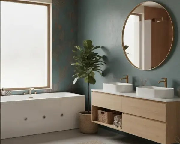 Salle de bain moderne avec baignoire, double vasque en bois clair et mur aux tons bleu-vert. La couleur salle de bain est apaisante.