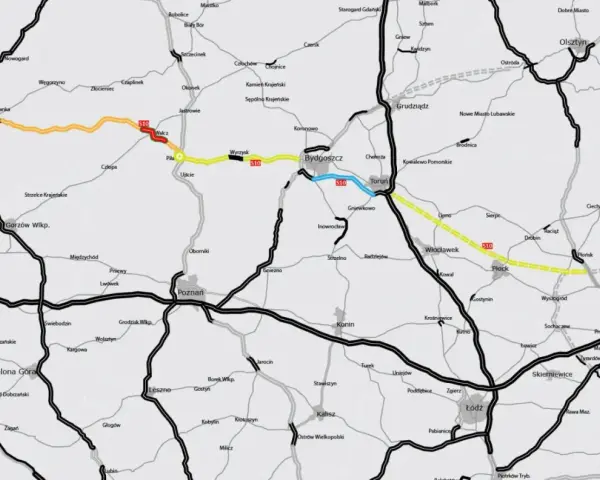 Trasa S10 pokazuje, ile jest kilometrów ze Szczecina do Warszawy, prowadząc przez Piłę, Bydgoszcz, Toruń i Płock.