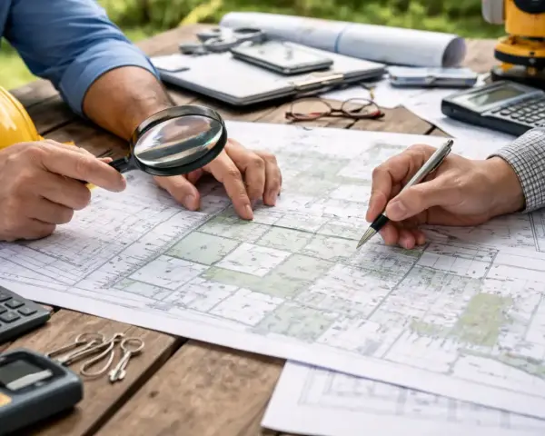 Dwóch mężczyzn analizuje mapę działek, korzystając z lupy i długopisu. Na stole leżą kalkulator, klucze i żółty kask. To praca nad rejestrem gruntów.