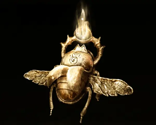 Un escarabajo dorado con alas, símbolo de todos los talismanes legendarios de Elden Ring, brilla con una luz etérea.