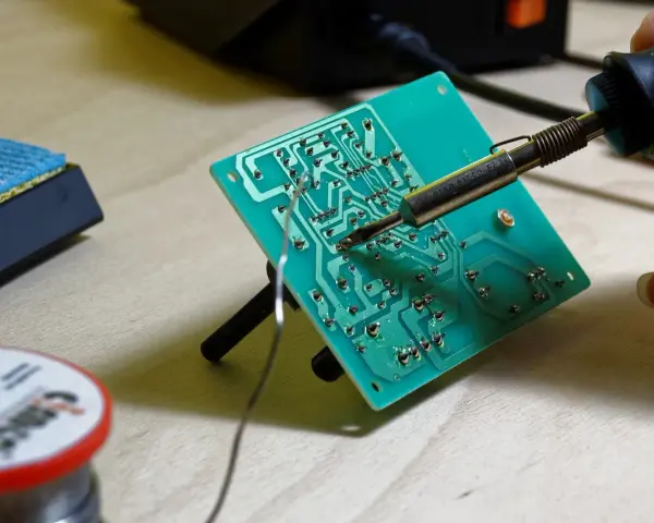 Saldatura di componenti elettronici su una scheda verde con stagno. Si può saldare con lo stagno per creare connessioni elettriche.