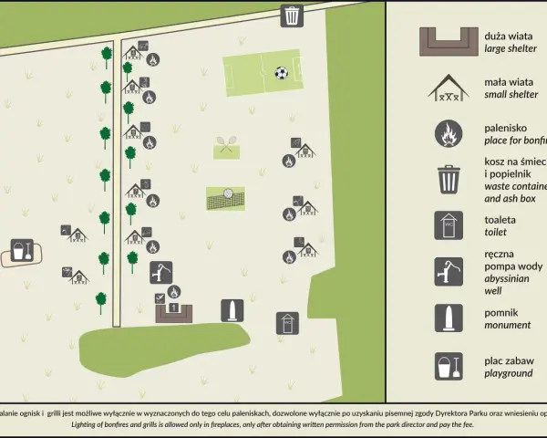 Mapa Kampinoskiego Parku Narodowego z zaznaczonymi wiatami, paleniskami, toaletami, placem zabaw i innymi udogodnieniami.