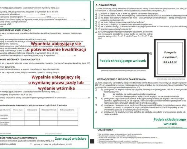 Formularz wniosku o wydanie prawa jazdy lub wtórnika, z miejscem na zdjęcie 3,5x4,5 cm. Wniosek dotyczy rejestracji samochodu online.