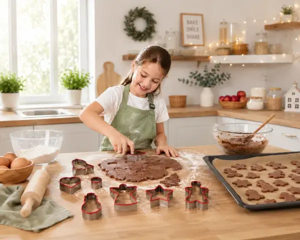 Fröhliches Backen mit Kindern: Ein Mädchen schneidet mit Ausstechern Weihnachtsplätzchen aus Teig. Auf dem Blech warten schon viele fertige Kekse.
