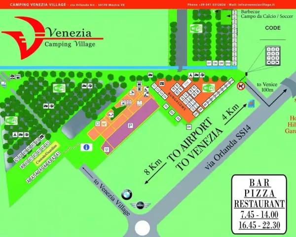 Mapa Venezia Camping Village z zaznaczonymi parcelami, bungalowami, Wi-Fi, toaletami, placem zabaw i drogą do Wenecji.