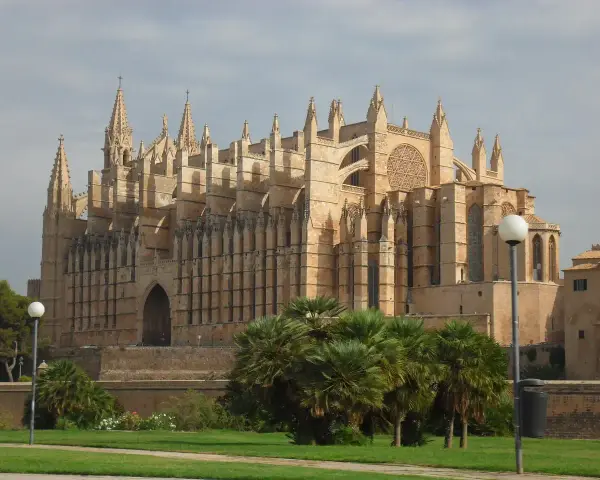 La cathédrale de Palma, majestueuse, se dresse sous un ciel d'hiver. Des palmiers verdoyants bordent le chemin, offrant un contraste saisissant avec la pierre dorée du monument.
