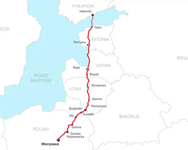 Trasa z Warszawy przez Litwę, Łotwę do Estonii i Finlandii. Mapa pokazuje miasta i drogi, przydatna do planowania podróży i opłat drogowych Litwa Łotwa Estonia.