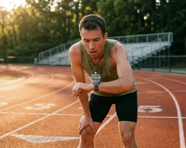 Un coureur essoufflé sur une piste d'athlétisme, vérifiant sa montre après une séance VMA intense. Le soleil couchant illumine la scène.