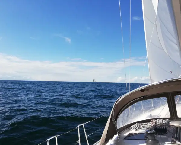Segeln in Deutschland: Ein Segelboot gleitet über das Meer, im Hintergrund ein weiterer Segler unter blauem Himmel.