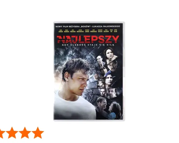 Film "Najlepszy" o piosenkarzu, który pokonuje słabości. Na okładce młody mężczyzna i twarze innych bohaterów.