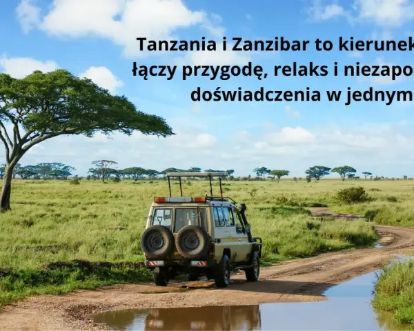 Wycieczka na safari z Zanzibaru. Samochód terenowy na drodze w afrykańskiej sawannie, z akacjami w tle.