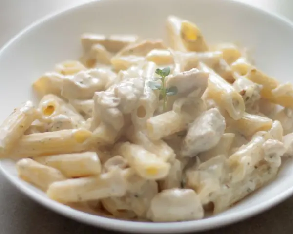Penne z kurczakiem w kremowym sosie, udekorowane gałązką ziół. Pyszne danie, które zachwyci każdego smakosza.