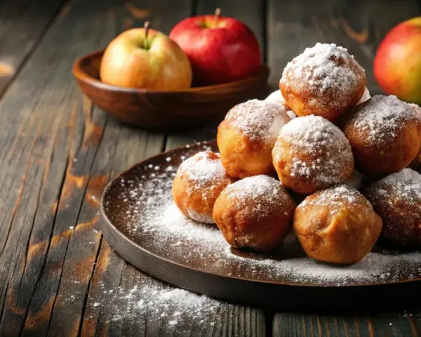 Montón de buñuelos de manzana espolvoreados con azúcar glas sobre un plato oscuro. Manzanas rojas y verdes en un cuenco de madera al fondo.