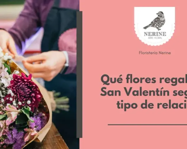 Manos arreglando un ramo de flores moradas y rosas. El texto dice: "Qué flores regalar en San Valentín según el tipo de relación".