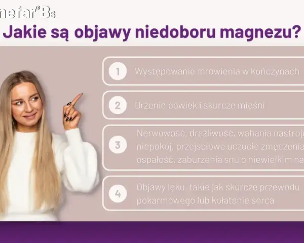 Kobieta wskazuje na listę objawów niedoboru magnezu: mrowienie, drżenie powiek, nerwowość, lęk.