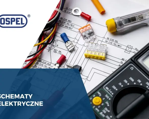 Schematy elektryczne z symbolem czujnika kontaktronowego, przewodami i multimetrem.