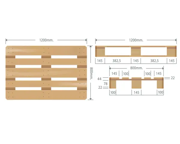 Schemat palety z podanymi wymiarami europalety w cm: 1200 mm x 800 mm.