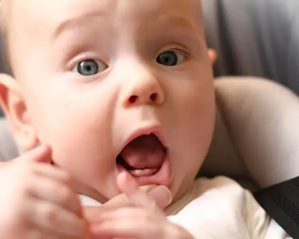 Maluch z szeroko otwartymi ustami pokazuje swoje pierwsze zęby w 3 miesiącu życia.
