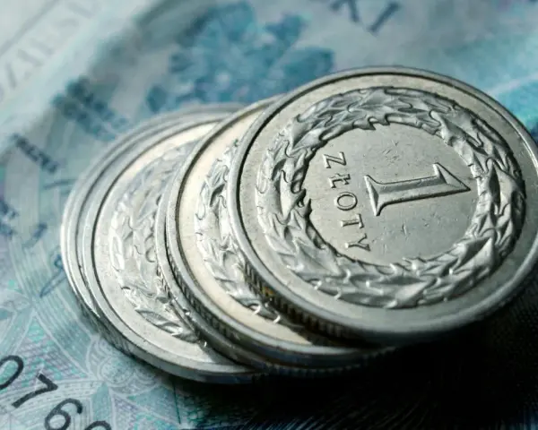 Monety 1 złoty leżące na banknocie.