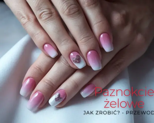 Eleganckie paznokcie żelowe w stylu ombre z błyszczącymi serduszkami.