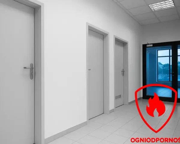Korytarz z kilkoma drzwiami, w tym jedne przeszklone. Czerwona tarcza z płomieniem symbolizuje ognioodporność, ważne przy wyborze drzwi do kotłowni.