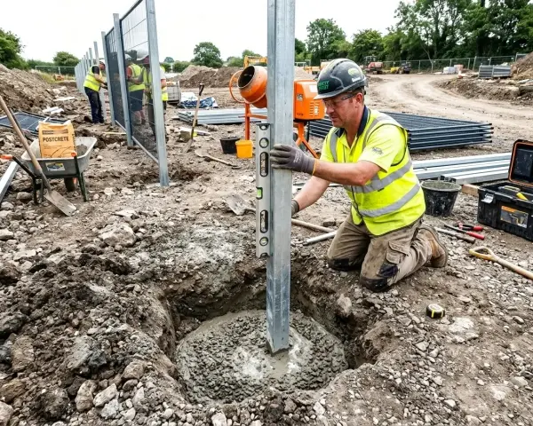 Budowlaniec sprawdza pion słupa ogrodzeniowego, który jest osadzany w betonie. To kluczowy etap budowy, gdzie fundament punktowy rozstaw jest precyzyjnie wykonany.