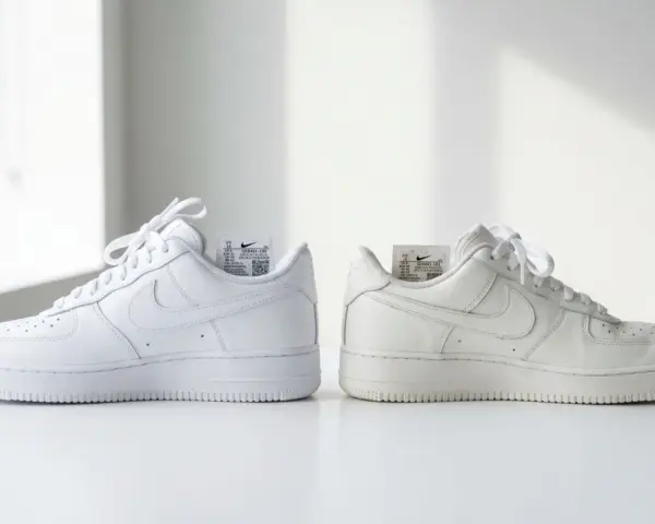 Dwa białe buty Nike Air Force 1, jeden świeży, drugi lekko przybrudzony. Czy 50 style ma oryginalne buty? Metki z kodami sugerują autentyczność.