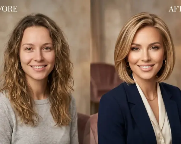 Przed i po: naturalna kobieta z kręconymi włosami i ta sama kobieta z eleganckim, prostym bobem, makijażem i granatową marynarką.